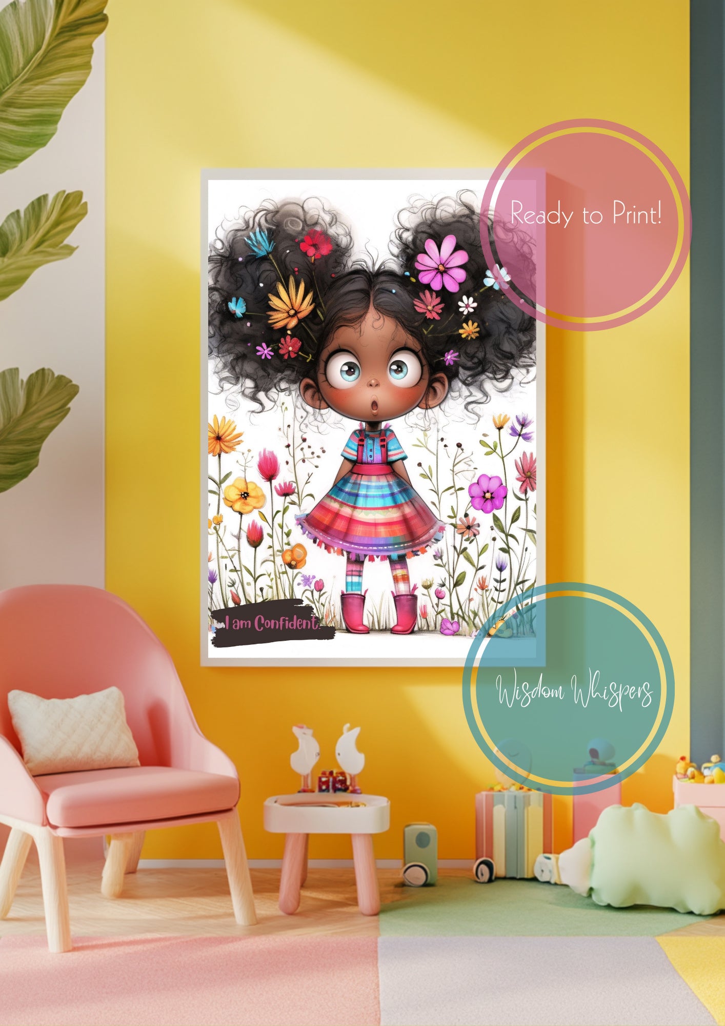 Curly Hair Girl Affirmation Print – “I AM” Self-Love Quote for Kids | Digital Wall Art for Girls’ Bedroom or Classroom
