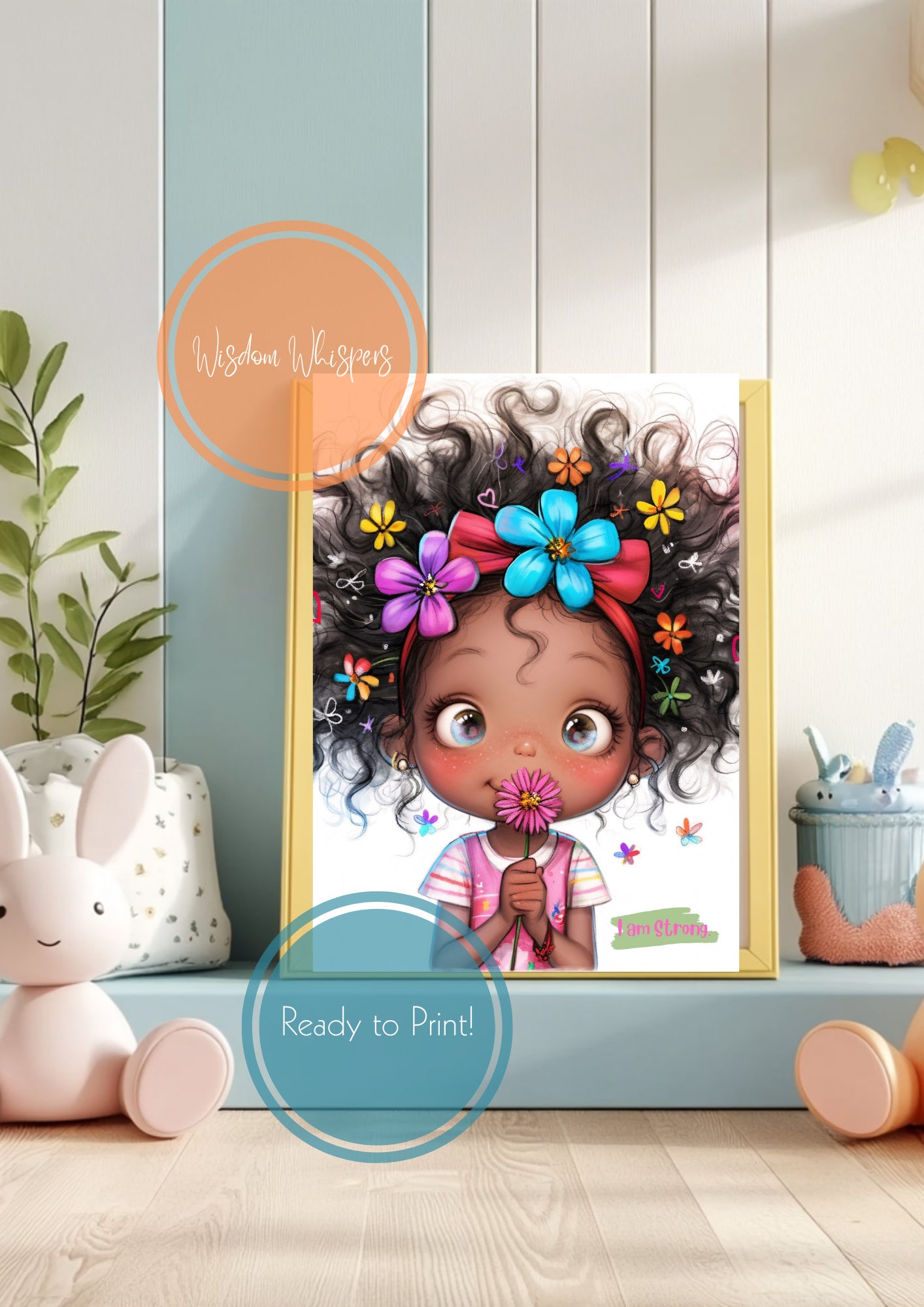 Curly Hair Girl Affirmation Print – “I AM” Self-Love Quote for Kids | Digital Wall Art for Girls’ Bedroom or Classroom