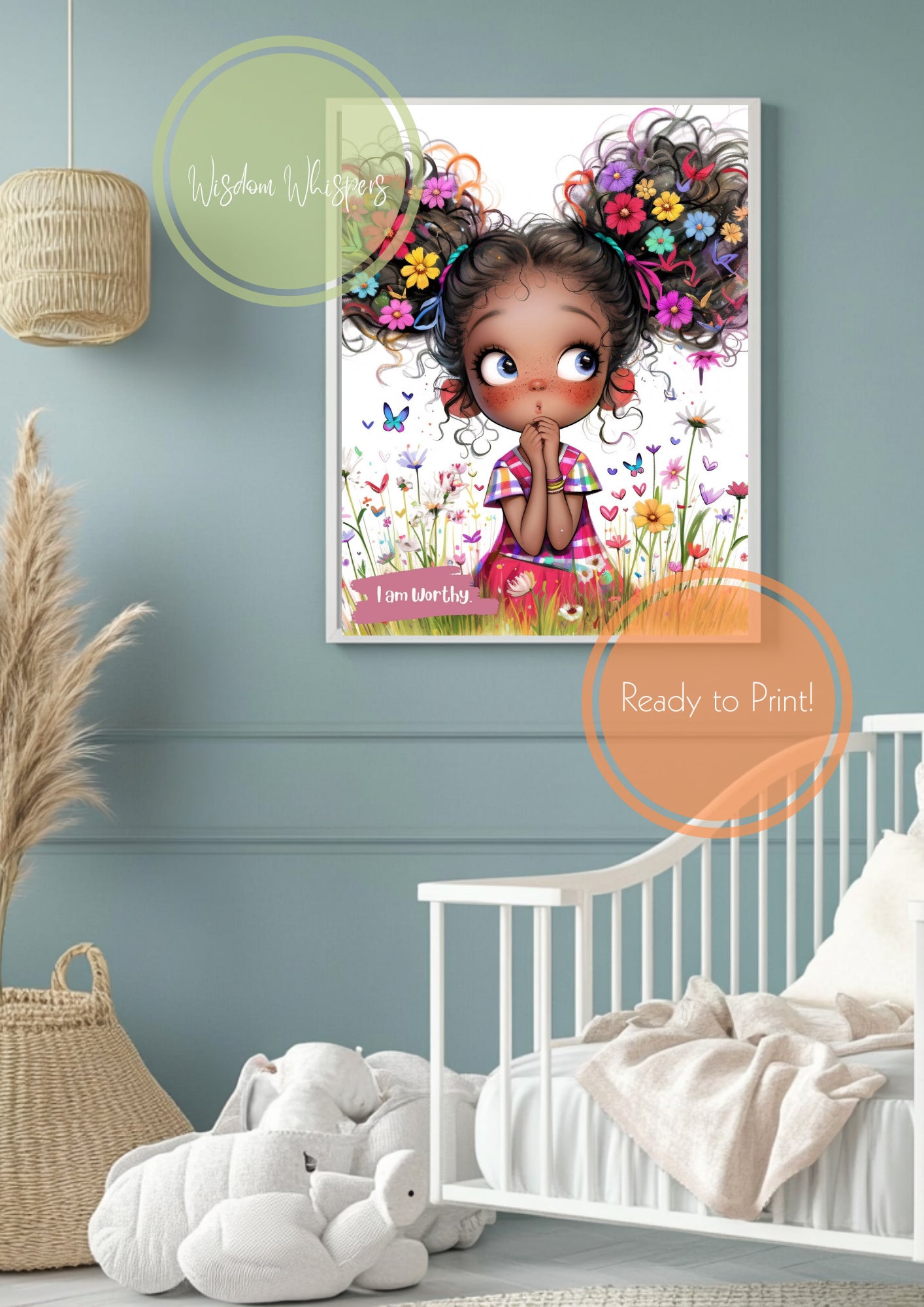 Curly Hair Girl Affirmation Print – “I AM” Self-Love Quote for Kids | Digital Wall Art for Girls’ Bedroom or Classroom