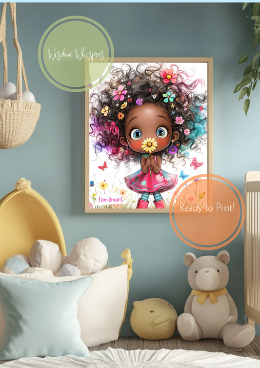 Curly Hair Girl Affirmation Print – “I AM” Self-Love Quote for Kids | Digital Wall Art for Girls’ Bedroom or Classroom
