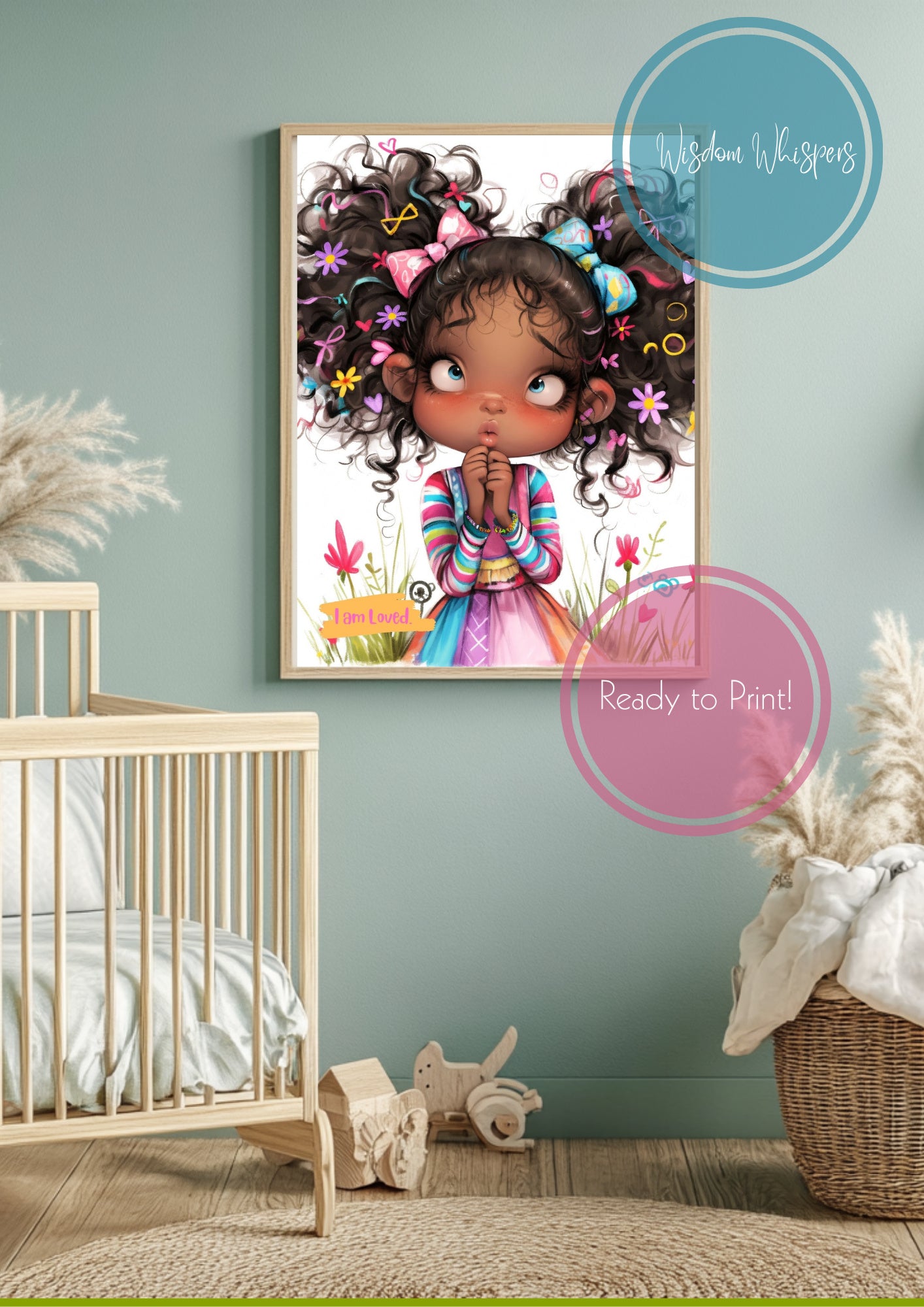 Curly Hair Girl Affirmation Print – “I AM” Self-Love Quote for Kids | Digital Wall Art for Girls’ Bedroom or Classroom
