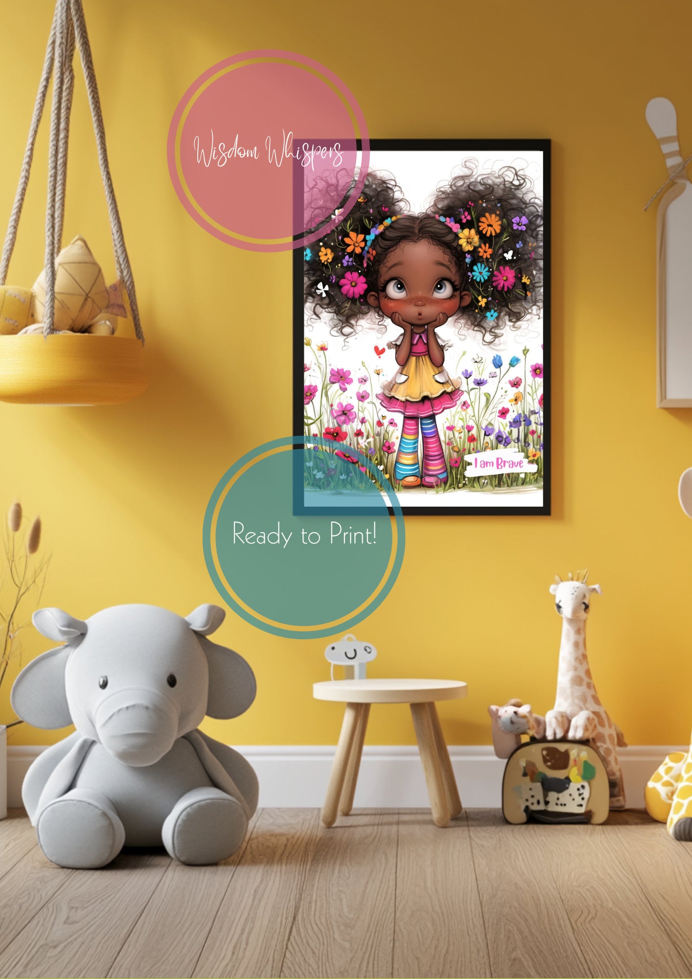 Curly Hair Girl Affirmation Print – “I AM” Self-Love Quote for Kids | Digital Wall Art for Girls’ Bedroom or Classroom