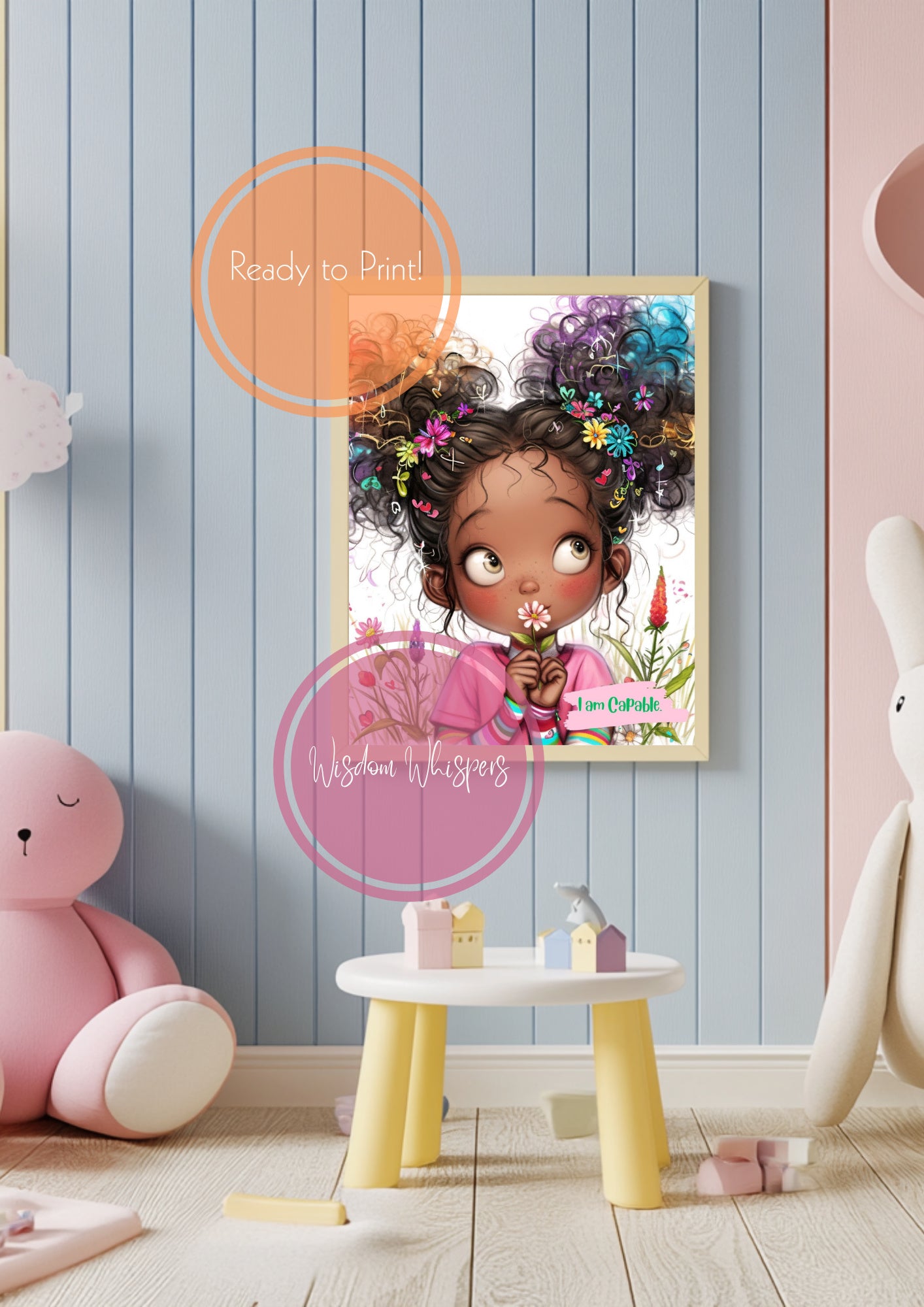 Curly Hair Girl Affirmation Print – “I AM” Self-Love Quote for Kids | Digital Wall Art for Girls’ Bedroom or Classroom