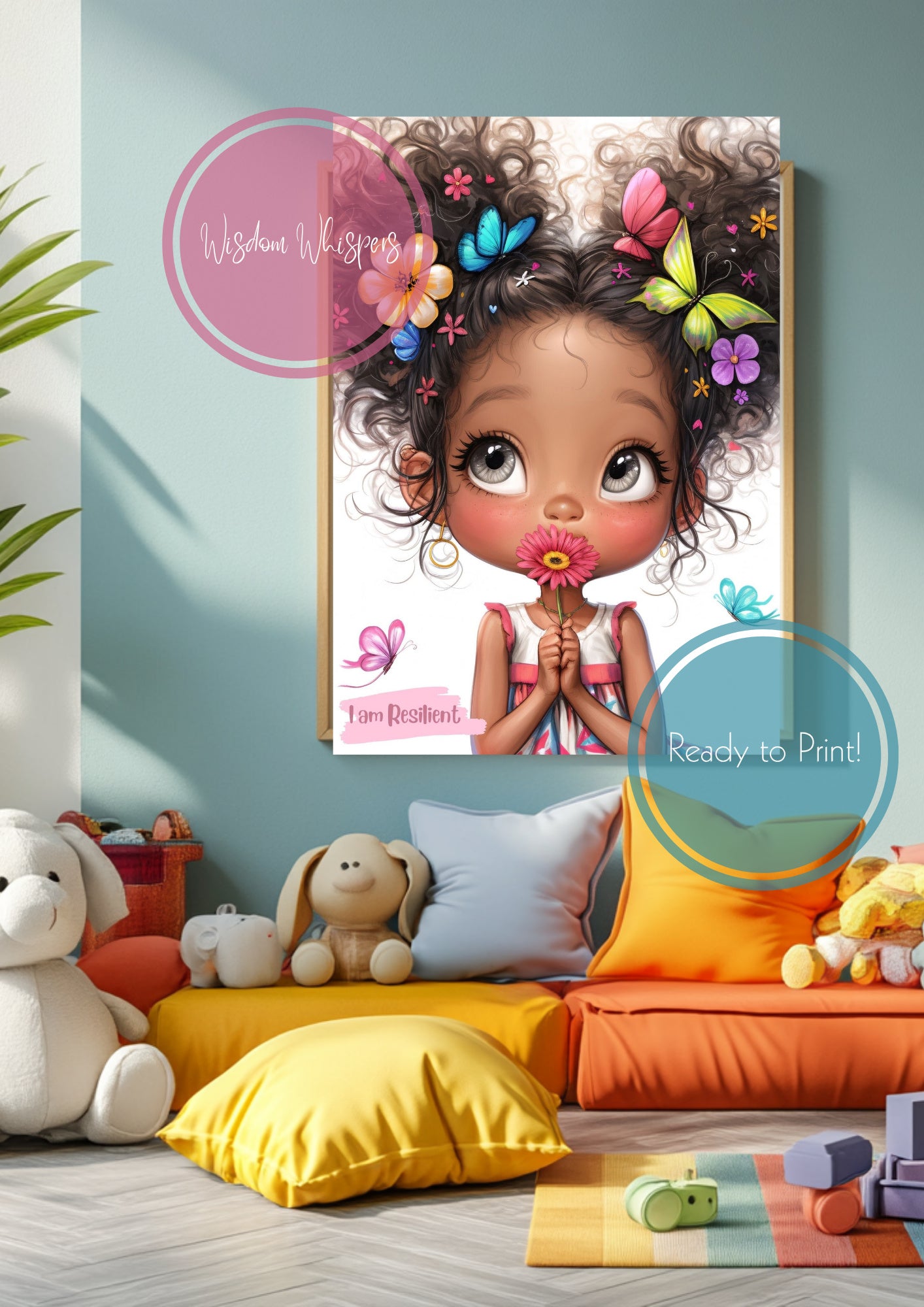 Curly Hair Girl Affirmation Print – “I AM” Self-Love Quote for Kids | Digital Wall Art for Girls’ Bedroom or Classroom
