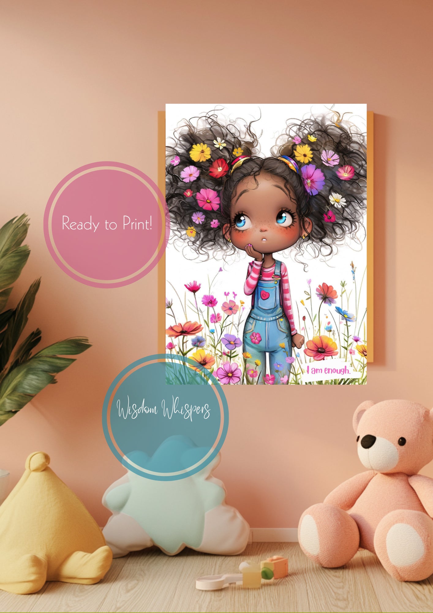 Curly Hair Girl Affirmation Print – “I AM” Self-Love Quote for Kids | Digital Wall Art for Girls’ Bedroom or Classroom